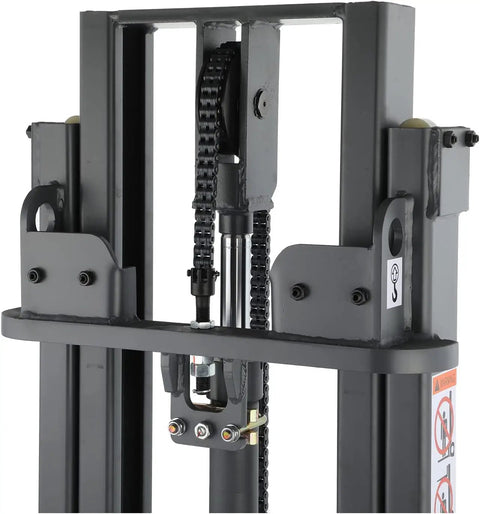 ApolloLift Counterbalanced Electric Pallet Stacker, 2200 Lb Fully Electric Walkie With Upright Walking Function, Max Lift Height 98 Inches close-up of hydraulic lift mechanism.