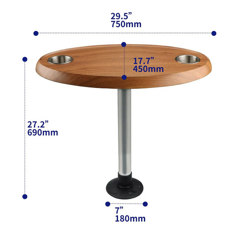 Top Shelf Oval Pontoon Boat Table Package Featuring Heavy Duty Aluminum Pedestal Stand And Stainless Steel Drink Holders With Slick Burlywood Finish, 29.5" wide.