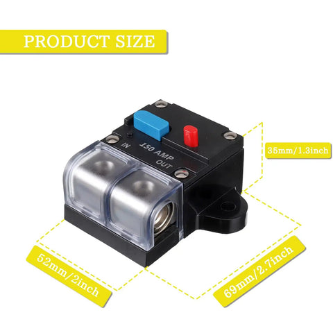 Heavy Duty 150 Amp DC Circuit Breaker With Manual Reset For Car Audio, RV, Marine And Boat Systems, 12-48 Volt, 0-8 Gauge Wire, Self Recovery Overload Protector For Auxiliary DC Circuits, 52x69x35mm