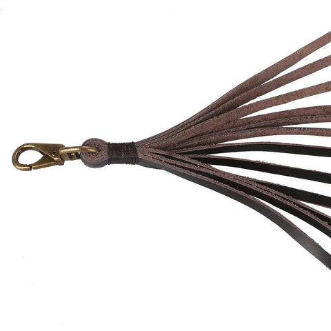 Close-up of leather hunting strap with 12 ringed loops and brass snap hook for carrying waterfowl, ducks, and decoys.