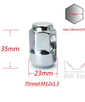Solid Acorn Ball Base Lug Nuts Compatible With Honda Accord And Crv Plus Acura M12x1.50 Thread 35mm Hex Size 19mm For Reliable Rims Security. Chrome lug nut with M12x1.5 thread, 35mm length, 19mm hex, ball seat