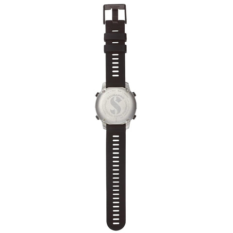 G3 Wrist Scuba Dive Computer With Bluetooth And Watch Style Color Display, back view, showing silicone strap and stainless steel case