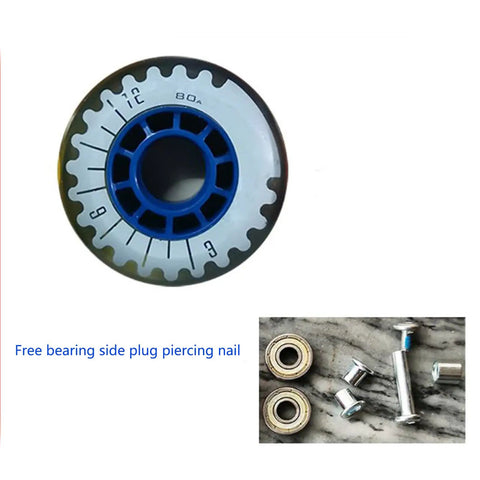 Top view of Outdoor And Indoor Inline Skate Wheels 70mm 80A Replacement Pack Of 8 With Bearings showing wheel design and free bearing plug.