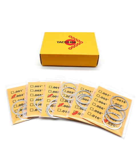 Barrel Shim Kit For.338 Lapua And.300BLK With 3/4x24, M18x1 And M18x1.5 Threaded Patterns For Timing, packs displayed in packaging.