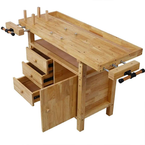 55 Inch Heavy Duty Rubber Wood Workbench With 3 Drawers Storage Cabinet Tool Well And Adjustable Vise Pro Grade Solid Wood Garage Work Table