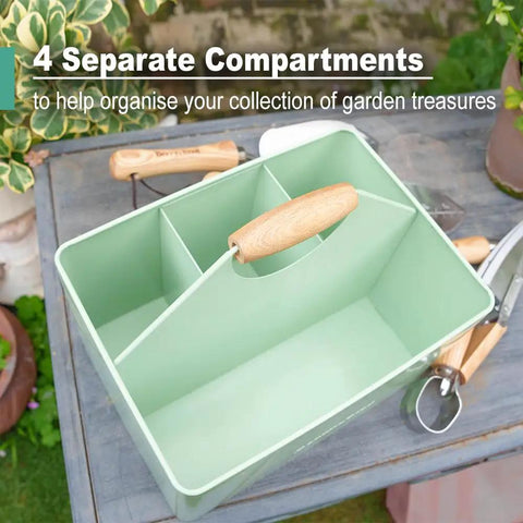 Metal Garden Tool Organizer Caddy With Four Compartments And Wooden Handle For Indoor And Outdoor Use Grab And Go Ready