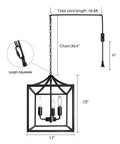 Plug In Black Farmhouse Pendant Chandelier With Dope Industrial Rustic Vibe 3 Light Fixture On A 16.8 ft Hanging Cord, dimensions shown