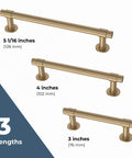 Different sizes of Champagne Bronze Cabinet Pulls 10-Pack, showing 5-1/16, 4, and 3 inches with metal finish.