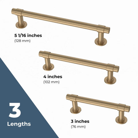 Different sizes of Champagne Bronze Cabinet Pulls 10-Pack, showing 5-1/16, 4, and 3 inches with metal finish.