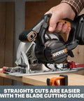 Heavy Hitter Cordless Circular Saw Loaded With 20 Volt Battery And 6 1/2 Inch Flush Mount Blade for precision cutting wood.