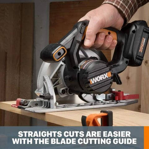 Heavy Hitter Cordless Circular Saw Loaded With 20 Volt Battery And 6 1/2 Inch Flush Mount Blade for precision cutting wood.
