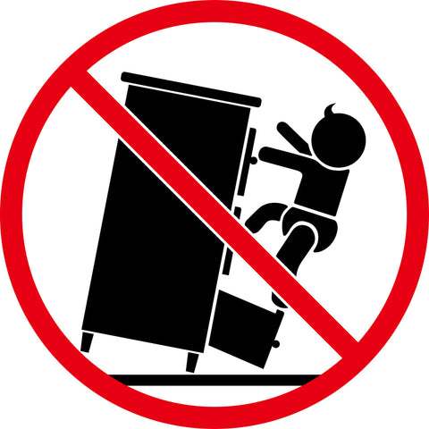 Safety warning icon showing a child climbing furniture with a crossed-out circle