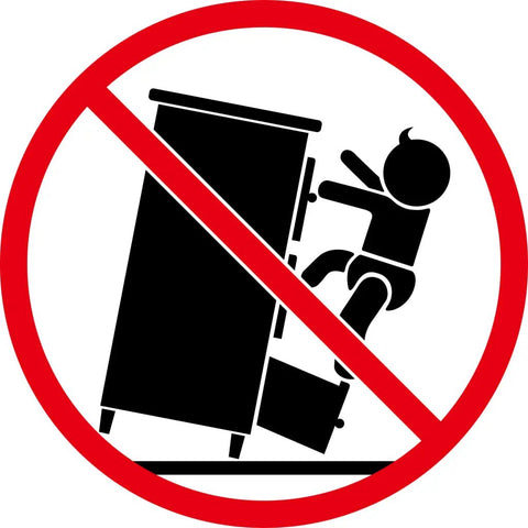 Child climbing on tipping furniture with red prohibition circle, warning against unsafe use of Five Tier Black Book Cabinet With Sturdy Metal Frame And Engineered Wood Shelves For Books, Modern Industrial Style, Includes Two Modular Units for Easy Assembly, Durable Storage Solution For Home Office Or Living Room, Measures 23.6x11.8x68.9 Inches.