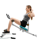 Woman using Foldable Ab Trainer For Your Home Gym, Adjustable Full Body Workout Machine, Multifunction Ab Bench, exercising core.
