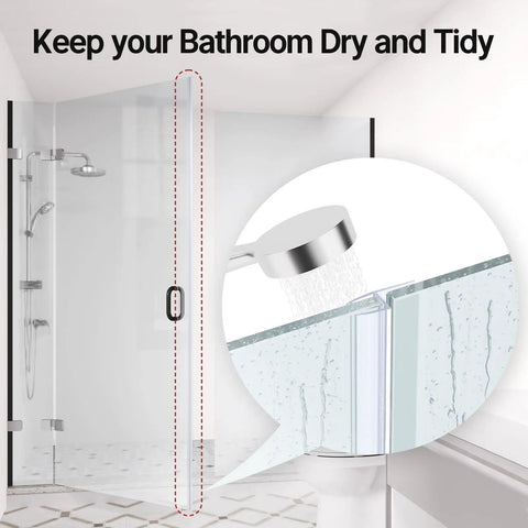 Frameless Glass Shower Door Side Seal Strip Kit For Three Eighth Inch Glass 15.75 Inches Long Five Section Segmented Install Kit Replacement Waterproof Seal For Frameless Doors shown installed preventing water leakage.