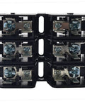 Top-Shelf 30 Amp Fuse Block Accommodates 10 X 38 Millimeter Fuses With 3-Pole Configuration Rated at 600 Volts, black with metal connectors.