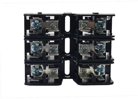 Top-Shelf 30 Amp Fuse Block Accommodates 10 X 38 Millimeter Fuses With 3-Pole Configuration Rated at 600 Volts, black with metal connectors.