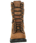 Front view of Logger Style Composite Toe Work Boot With Waterproof System And Electrical Hazard Safety Full Grain Leather Upper Brown Wide 8.5