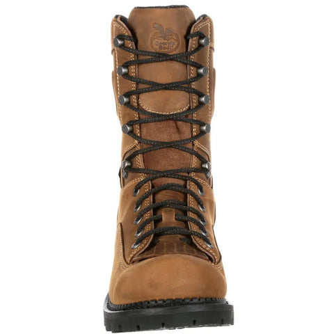 Front view of Logger Style Composite Toe Work Boot With Waterproof System And Electrical Hazard Safety Full Grain Leather Upper Brown Wide 8.5