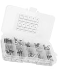 Heavy Duty 5X20Mm Fast Blow Fuse Assortment Kit 100 Piece Set featuring assorted fuses in clear organizer box for electrical repair.