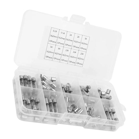 Heavy Duty 5X20Mm Fast Blow Fuse Assortment Kit 100 Piece Set featuring assorted fuses in clear organizer box for electrical repair.