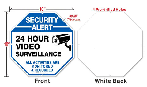 2-Pack Video Surveillance Signs, 10 X 10 Aluminum Security Warning Reflective Signs, front and back view, 24 hour monitoring message