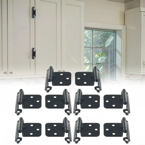 10 Pack Self Closing Cabinet Hinges For Overlay Flush Doors Quiet Soft Close Hardware In Cold Rolled Steel Black Finish For Kitchen Cabinets Cupboards Vanities Closets 7x4x3 Cm displayed with white cabinets