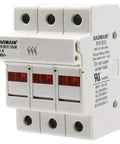 Front view of a 3 Pole Cylindrical Fuse Holder With LED Indicator For 10 X 38 mm Fuses, 32 Amp 690 VAC, 35mm DIN Rail Mount, supports 18-8 AWG, UL and CE Certified, for solar and industrial use.