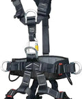 All Around Full Body Climbing Harness For Outdoor Adventures With Thick Waist Pad And Universal Sizing Great For Tree Climbing Rappelling Fire Rescue And Other Activities Includes Tool Ring And Tough As Nails Support Up To Two Hundred Twenty Pounds with front view showing buckles and straps
