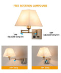 Swing Arm Wall Light With USB Port And Outlet, Plug In Wall Sconce In Nickel Finish, Dimmable Switch, White Fabric Shade rotation angles