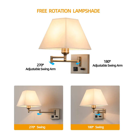 Swing Arm Wall Light With USB Port And Outlet, Plug In Wall Sconce In Nickel Finish, Dimmable Switch, White Fabric Shade rotation angles