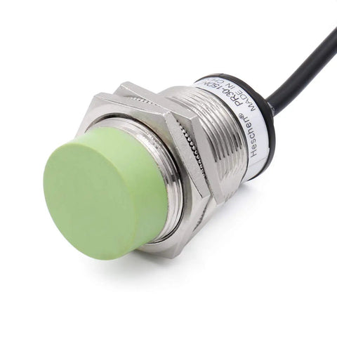 M30 Inductive Proximity Sensor Switch 15mm Sensing Distance, DC 12 To 24V, 3-Wire NPN Normally Closed, Cylindrical Detector PR30-15DN2, Non Shield Mount, CE Certified, Plug And Play Industrial Automation Sensor For Easy Setup, M30 inductive sensor with green face and cable