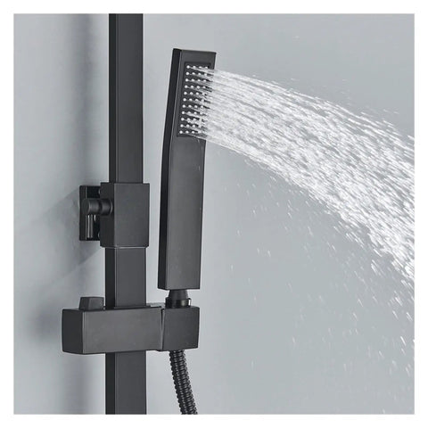 RIBEUJIZS Digital Shower System handheld spray wand in black with water flowing, part of Cold Hot Mixer Bath Systems Rainfall Head.