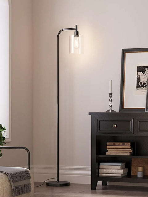 Bright Floor Lamp For Living Room With Glass Shade And LED Bulbs Industrial Tall Pole Standing Lamp For Bedroom Or Office Black Finish Modern Sleek Design That Fits Any Decor And Saves Space in corner of room.