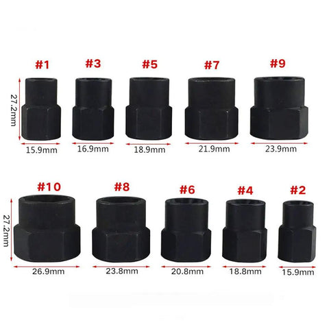 10 Piece Nut Remover Set For Impact Drivers, 9-19mm Nut Extractor Sockets, high-strength 40Cr steel, black oxide finish