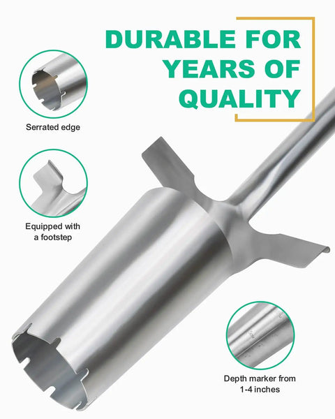 Close-up of Long Handled Bulb Planter Tool With Depth Marker And Sharp Teeth For Tulips Daffodils And Other Flowers Easy Knee Free Transplanter