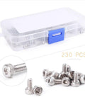230 Piece Stainless Steel M2 Hex Socket Button Head Screws And Nuts Set For DIY And Industrial Projects 304 Stainless Silver Finish Assorted Fasteners Kit in case