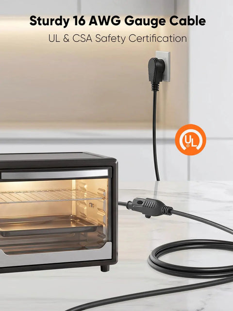 Sturdy 16 AWG power extension cord plugged into wall socket, designed for appliances like toaster ovens.