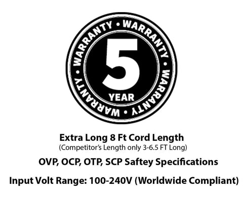 5 year warranty emblem for 12V AC Power Adapter Works With Yamaha DGX-230 Keyboard, 8 Foot Cord, Universal 100-240V