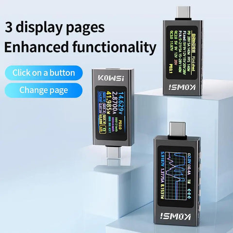 USB C Power Meter Tester With LCD Display Digital Multimeter For PD 3.1 Protocol Testing Type C Voltage And Current Meter Fast Charging Up To 240W 40V 12A Handy USB C Voltage Tester For Your Charging Gear showing three display modes
