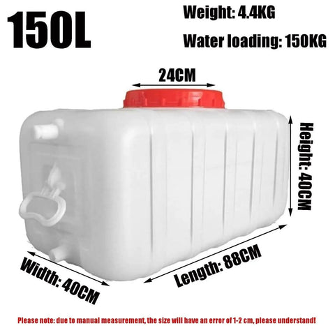 Outdoor Water Storage Tank 150L Workhorse for Camping and Hiking, visible dimensions, rugged white polyethylene design.