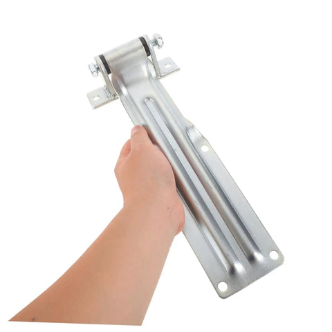 Heavy Duty Truck Door Hinge For Utility Trailer And Refrigerated Truck With Iron Construction And Anticorrosion Finish Delivers High Strength And Stable Temperature Control For Cargo Applications, silver hinge held by hand