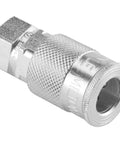 Top Shelf High Flow 3/8 Inch FNPT Pneumatic Coupler for air line fittings, silver steel, durable, close-up view.