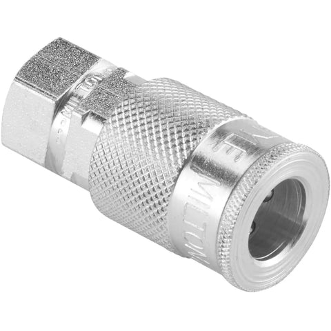 Top Shelf High Flow 3/8 Inch FNPT Pneumatic Coupler for air line fittings, silver steel, durable, close-up view.