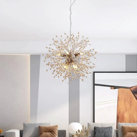 Boho Dandelion Wooden Beads Chandelier With Eight Lights Dope Modern Firework Pendant Ceiling Light Adjustable Height Hanging Fixture