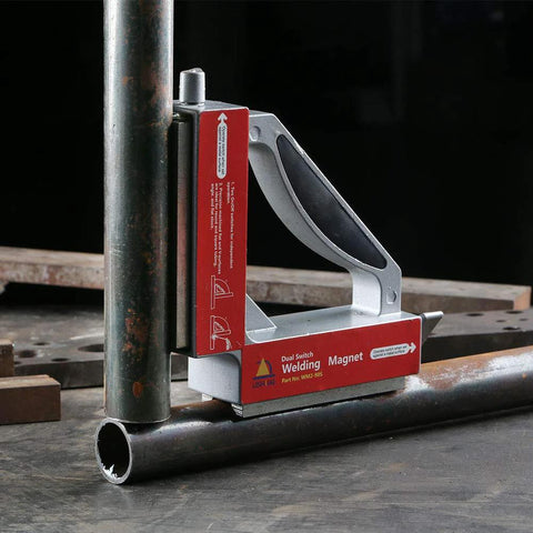 LISHUAI double-switch NdFeB welding magnet clamp in red and gray attached to a metal pipe