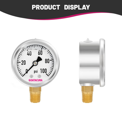 GOATACURA pressure gauge, glycerin-filled, 2-in dial, 0–100 psi, 304 stainless steel case, 1/4" NPT lower mount