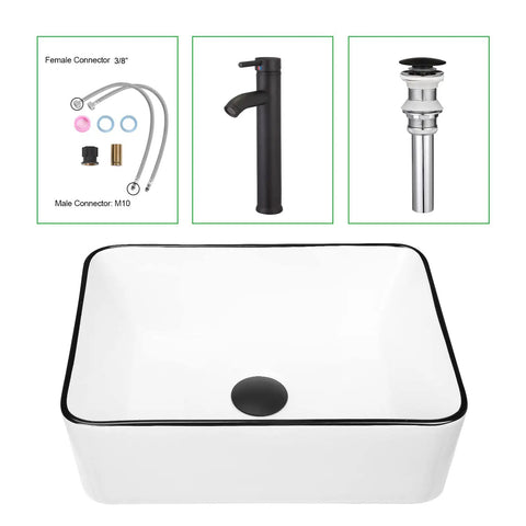 Rectangle Vessel Sink With Faucet In White Porcelain Above Counter Bathroom Basin With Black Edge Modern 16 By 12 Inch Vanity Countertop Sink