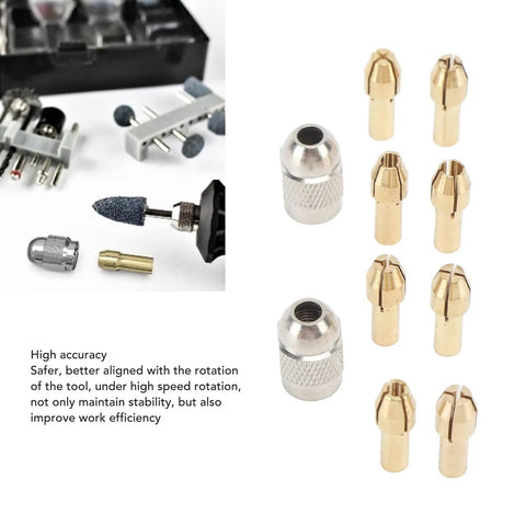 Brass Drill Chuck Collet Set Ten Piece Kit With Eight Collets From 0.8mm To 3.2mm And Two Nut Chucks Keyless Bit Adapter