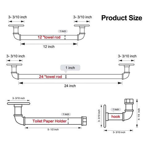 Diagram of Industrial Pipe Towel Rack Set With 12 Inch And 24 Inch Bars Toilet Paper Holder And Robe Hook dimensions.